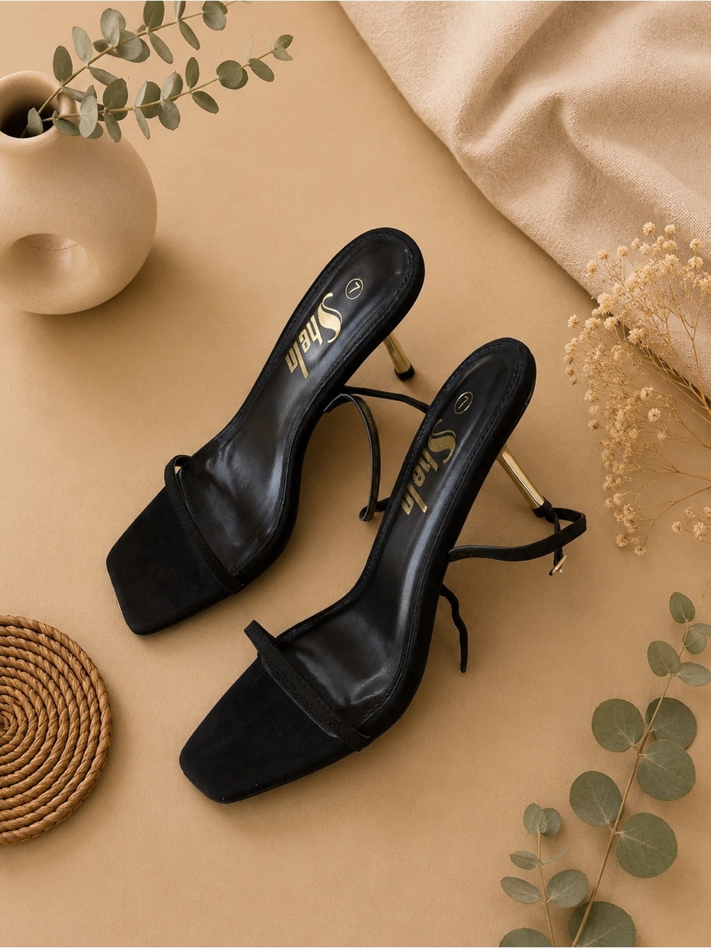 Black Suede Square-Toe Heeled Sandals